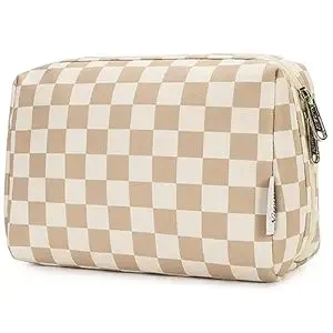 Checkered Makeup Bag Travel Cosmetic Bag Organizer Toiletry Bag Make up Bags with Compartments for Women Girls (Large, Light Checkerboard)