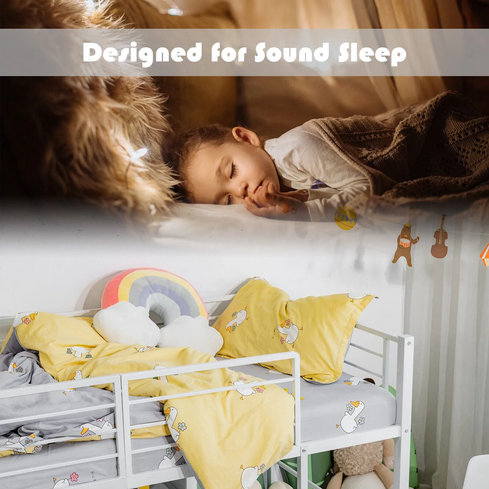 Children's Single Bed Mid Sleeper with Slide | Steel Bed Frame W/Safety Guardrails | White