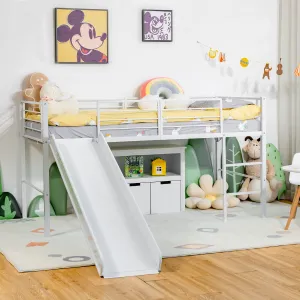Children's Single Bed Mid Sleeper with Slide | Steel Bed Frame W/Safety Guardrails | White