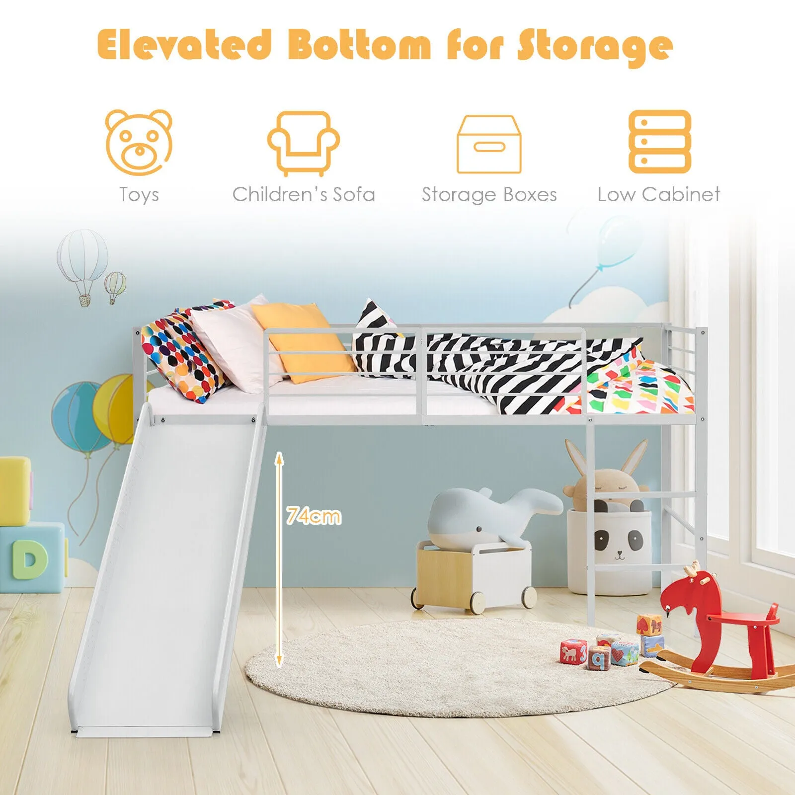 Children's Single Bed Mid Sleeper with Slide | Steel Bed Frame W/Safety Guardrails | White