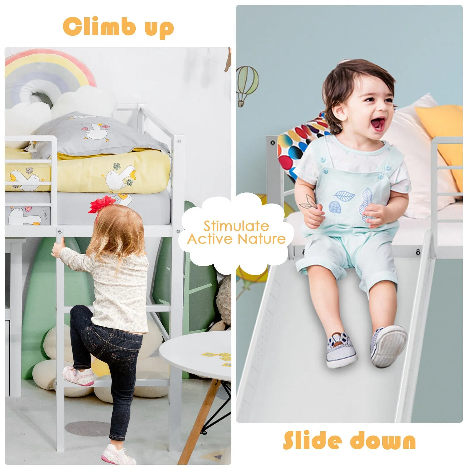 Children's Single Bed Mid Sleeper with Slide | Steel Bed Frame W/Safety Guardrails | White
