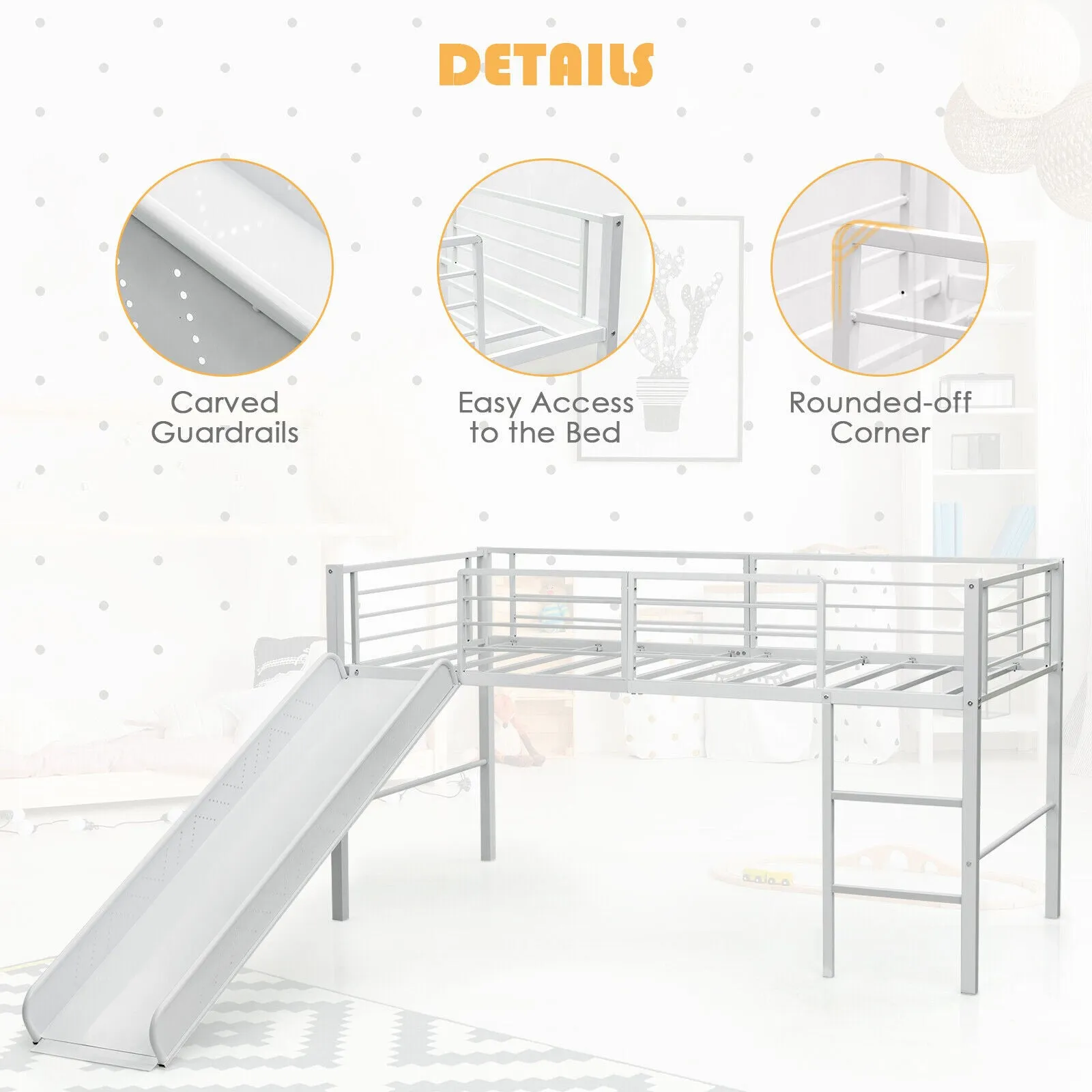 Children's Single Bed Mid Sleeper with Slide | Steel Bed Frame W/Safety Guardrails | White