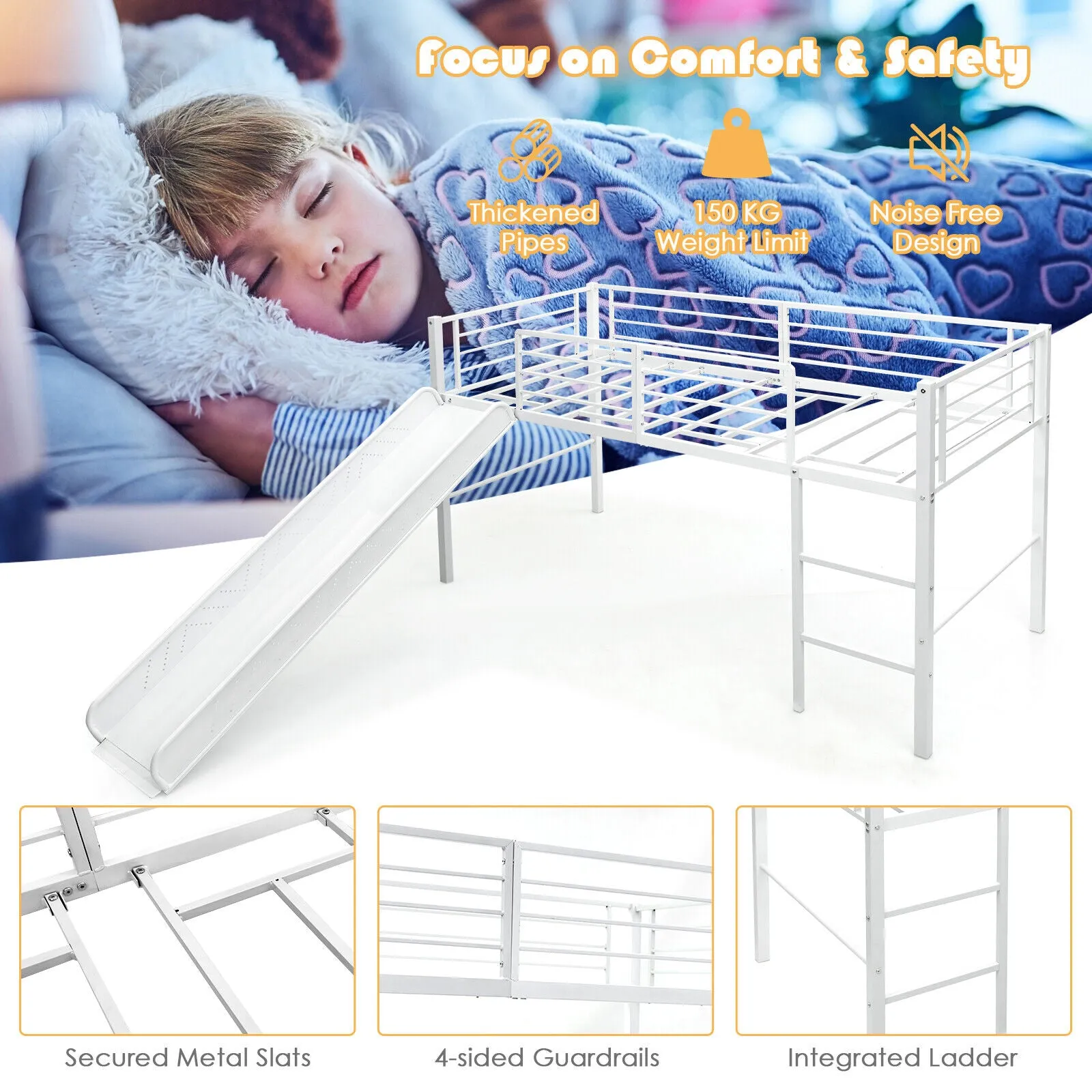 Children's Single Bed Mid Sleeper with Slide | Steel Bed Frame W/Safety Guardrails | White