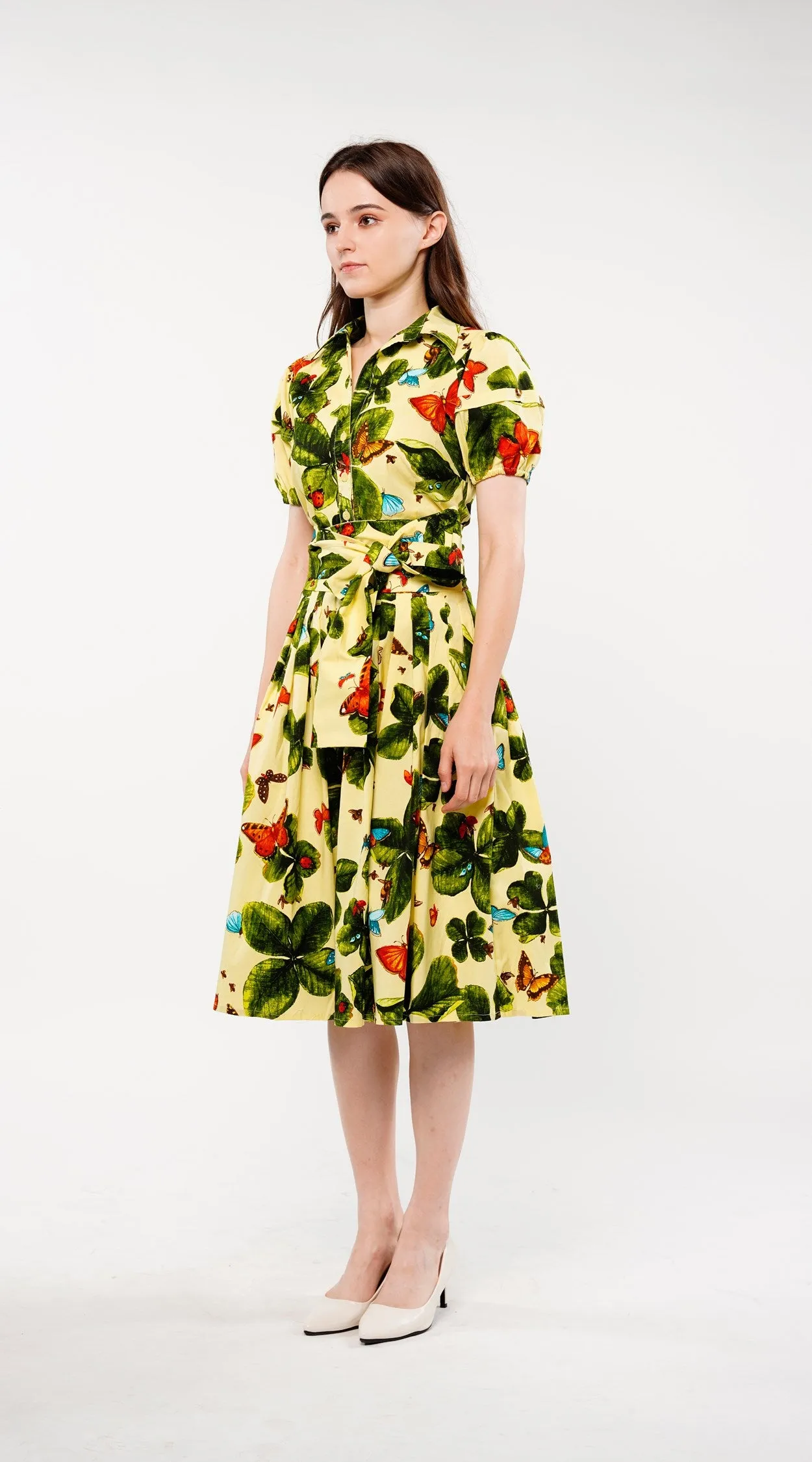 Claire Dress Shirt Collar Short Puff Sleeve Cotton Stretch (Clover Butterfly Small) (Clover Butterfly Small)