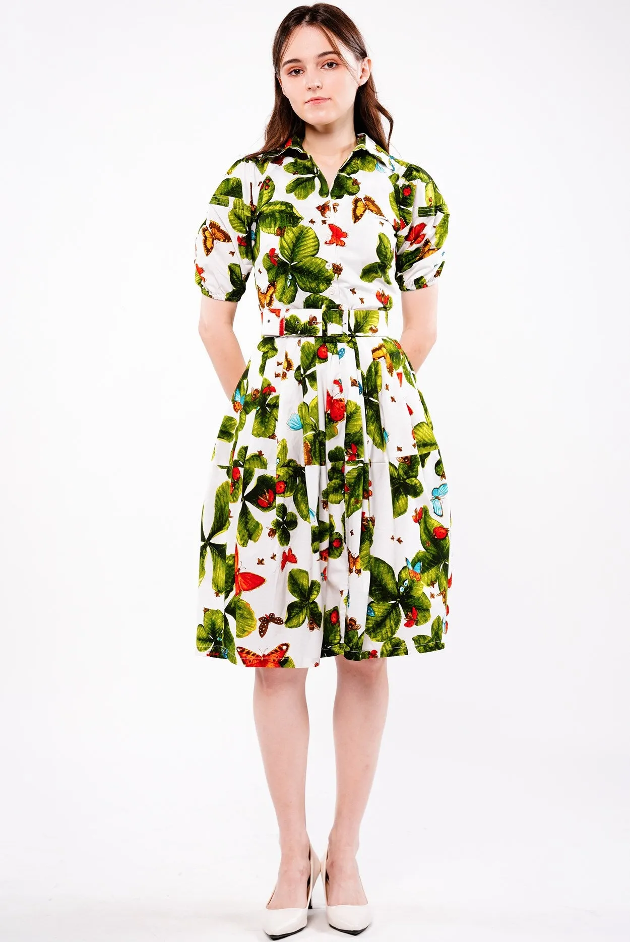 Claire Dress Shirt Collar Short Puff Sleeve Cotton Stretch (Clover Butterfly Small) (Clover Butterfly Small)