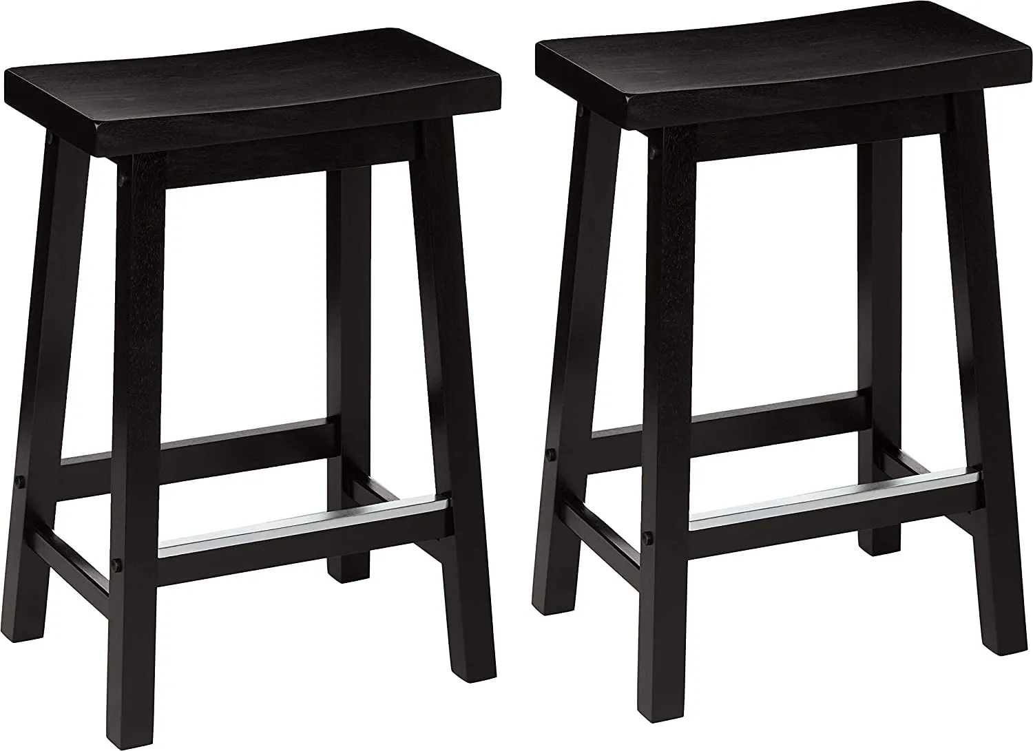 Classic Solid Wood Saddle-Seat Kitchen Counter Stool with Foot Plate 24 Inch, Black, Set of 2