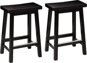 Classic Solid Wood Saddle-Seat Kitchen Counter Stool with Foot Plate 24 Inch, Black, Set of 2