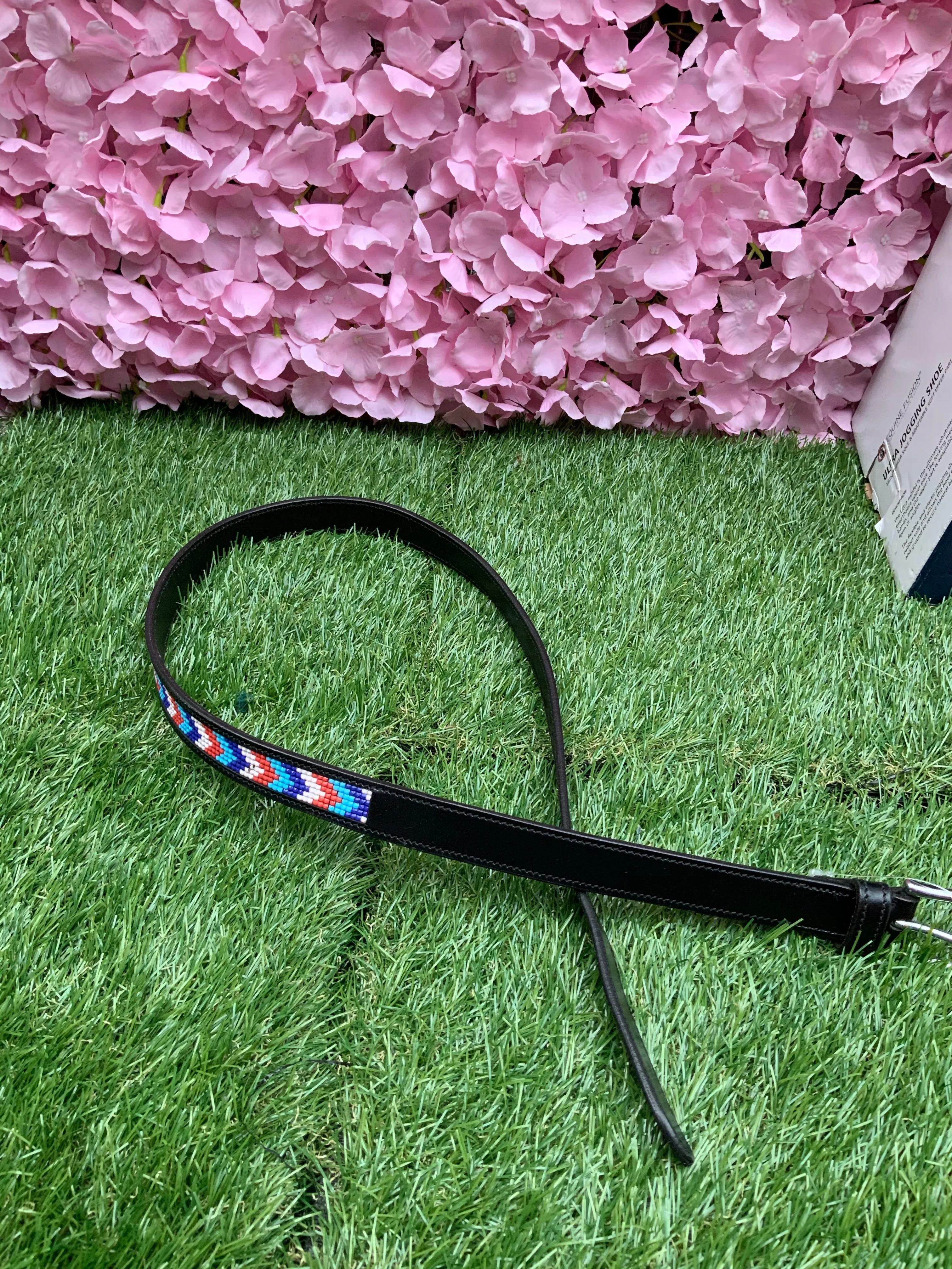 Colourful black soft leather belt in size 10/12