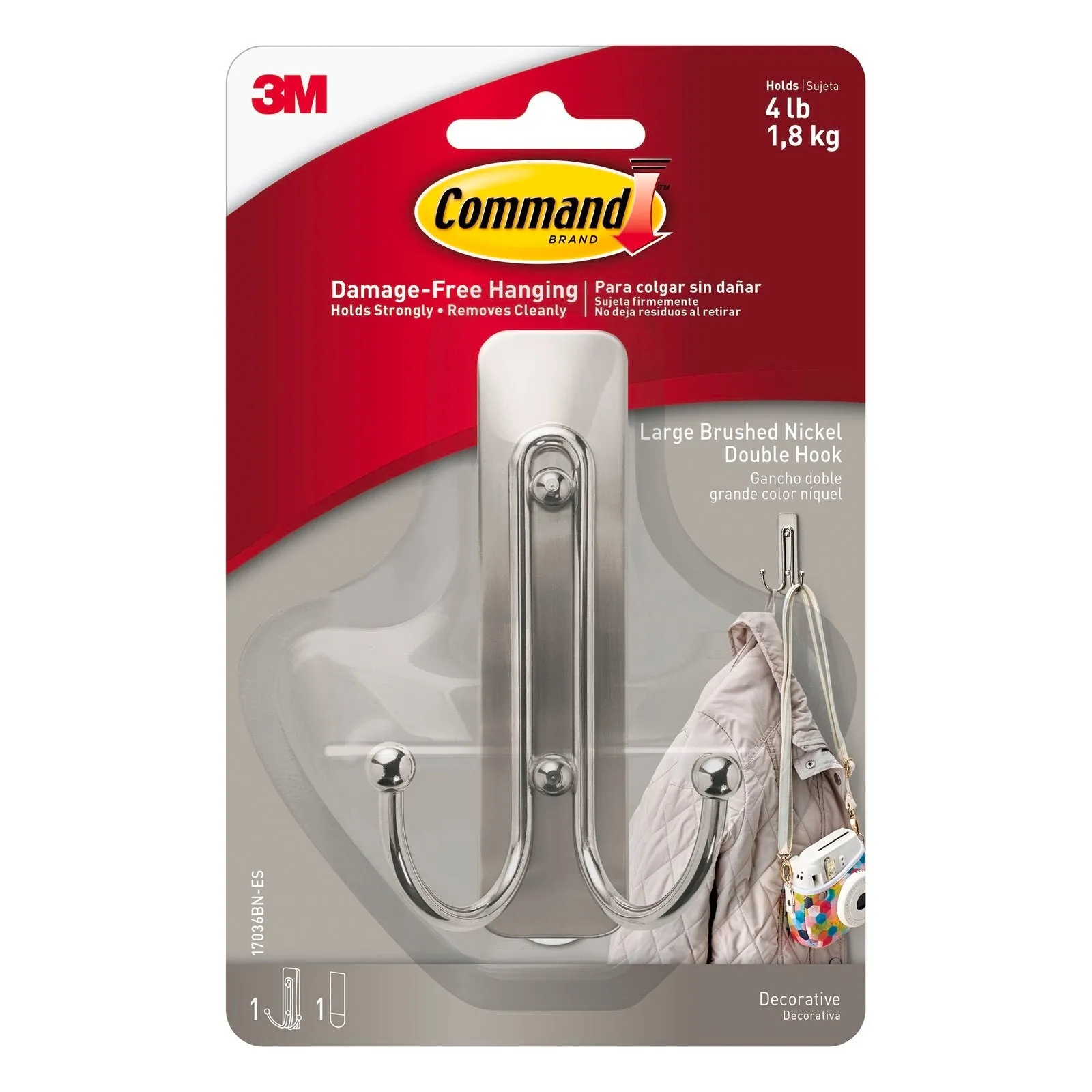 Command Brushed Nickel Adhesive Large Double Wall Hook - 1 Pack