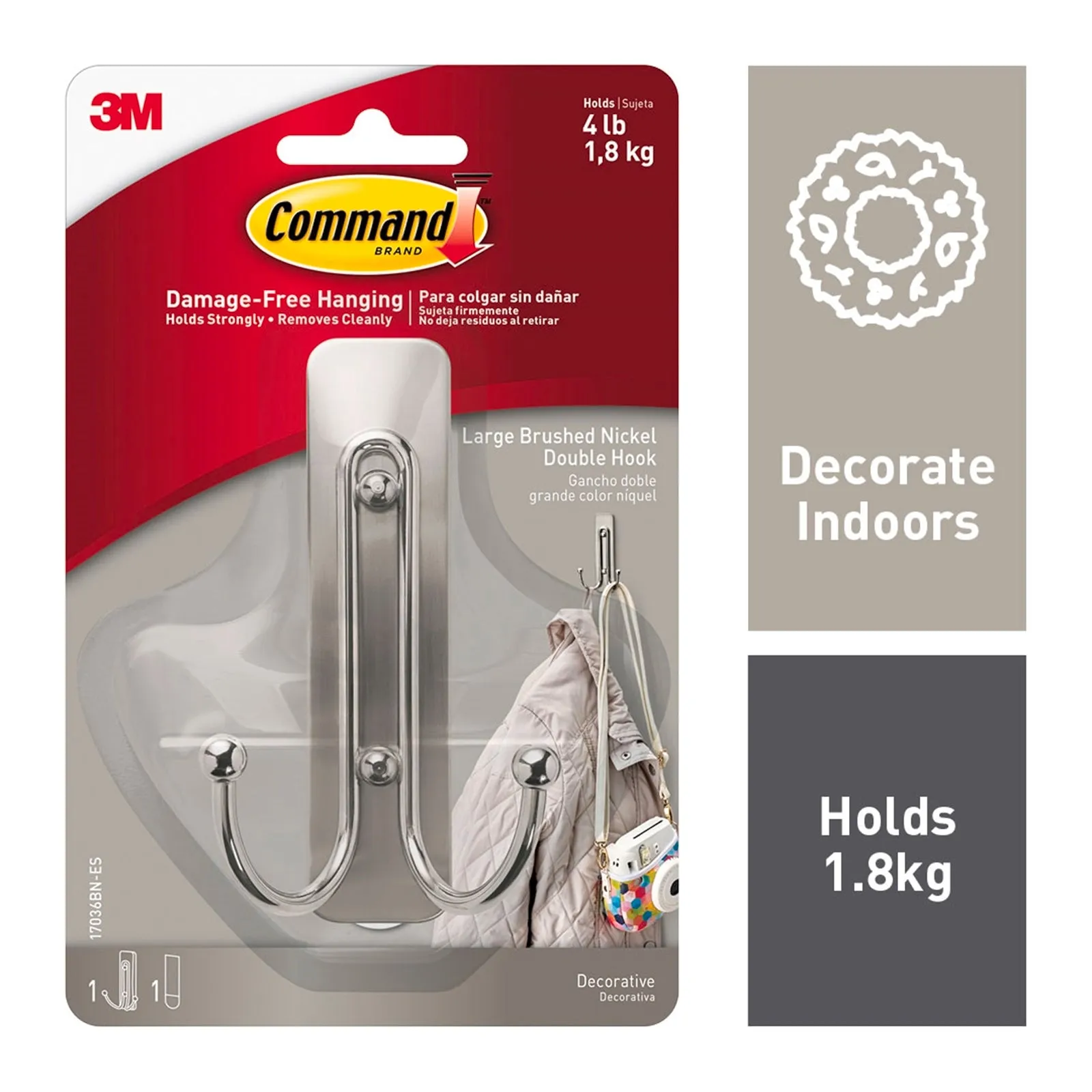 Command Brushed Nickel Adhesive Large Double Wall Hook - 1 Pack