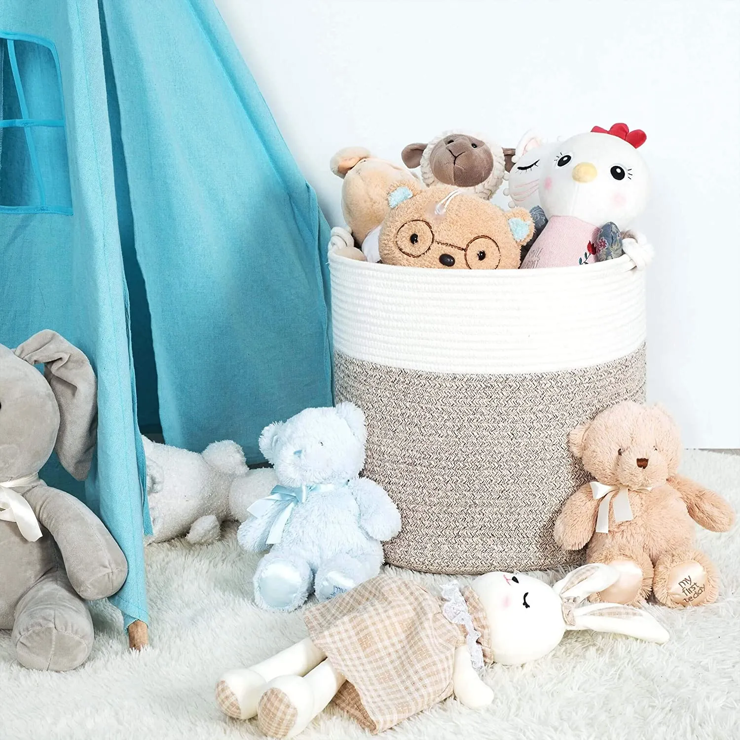 Cotton Rope Basket with Handles | 38 x 36cm | Beige/White | Toy, Laundry & Storage Basket