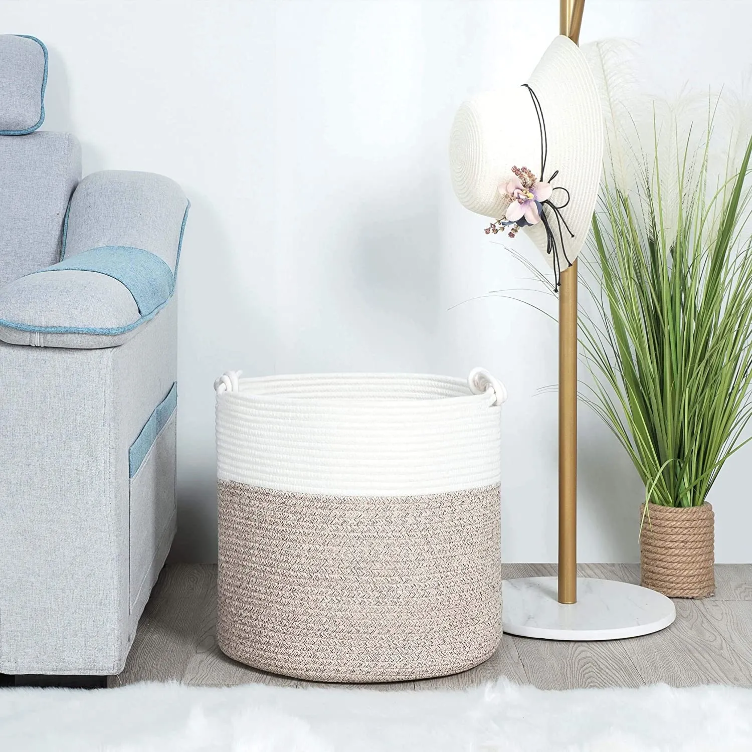 Cotton Rope Basket with Handles | 38 x 36cm | Beige/White | Toy, Laundry & Storage Basket