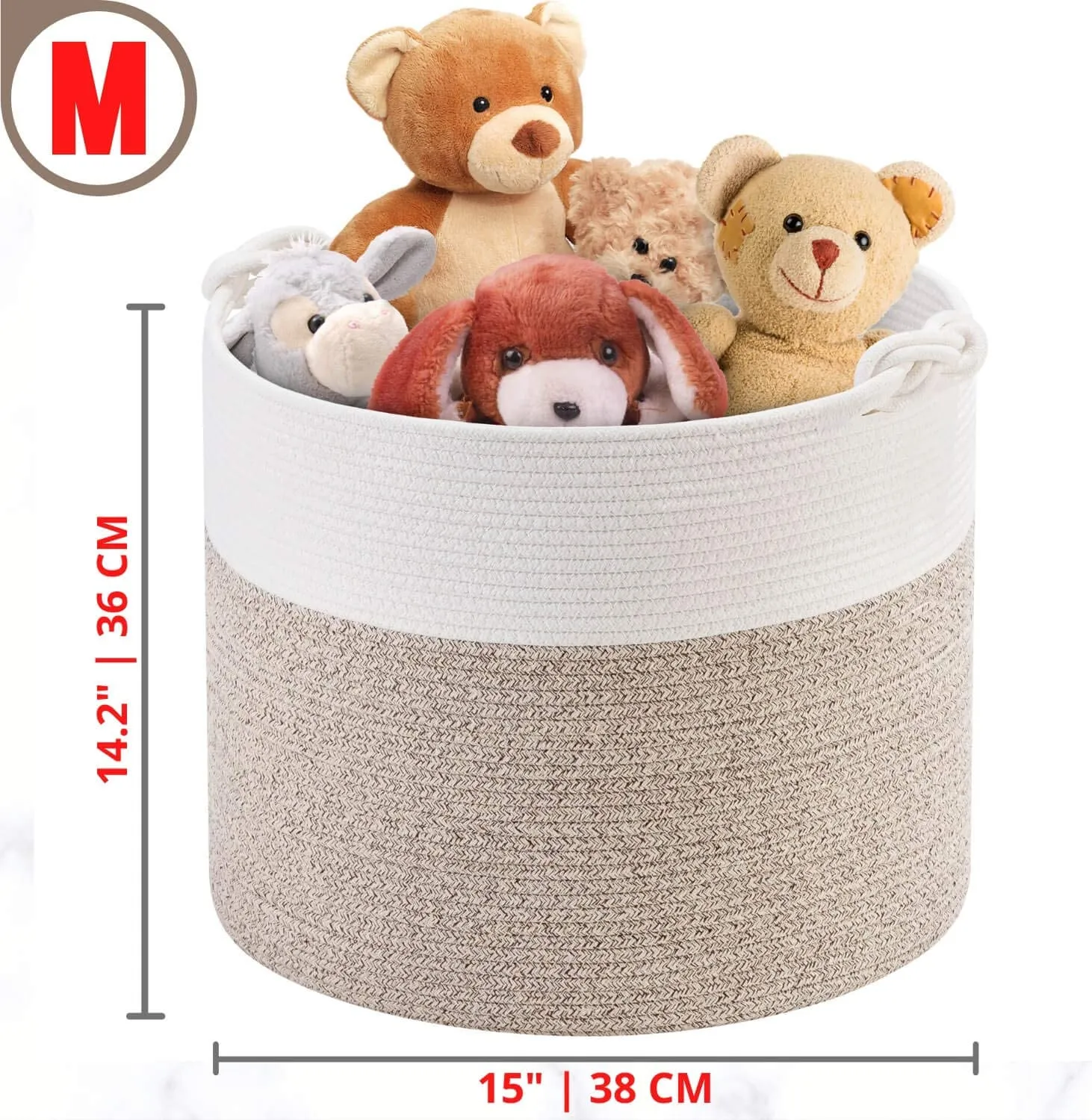 Cotton Rope Basket with Handles | 38 x 36cm | Beige/White | Toy, Laundry & Storage Basket