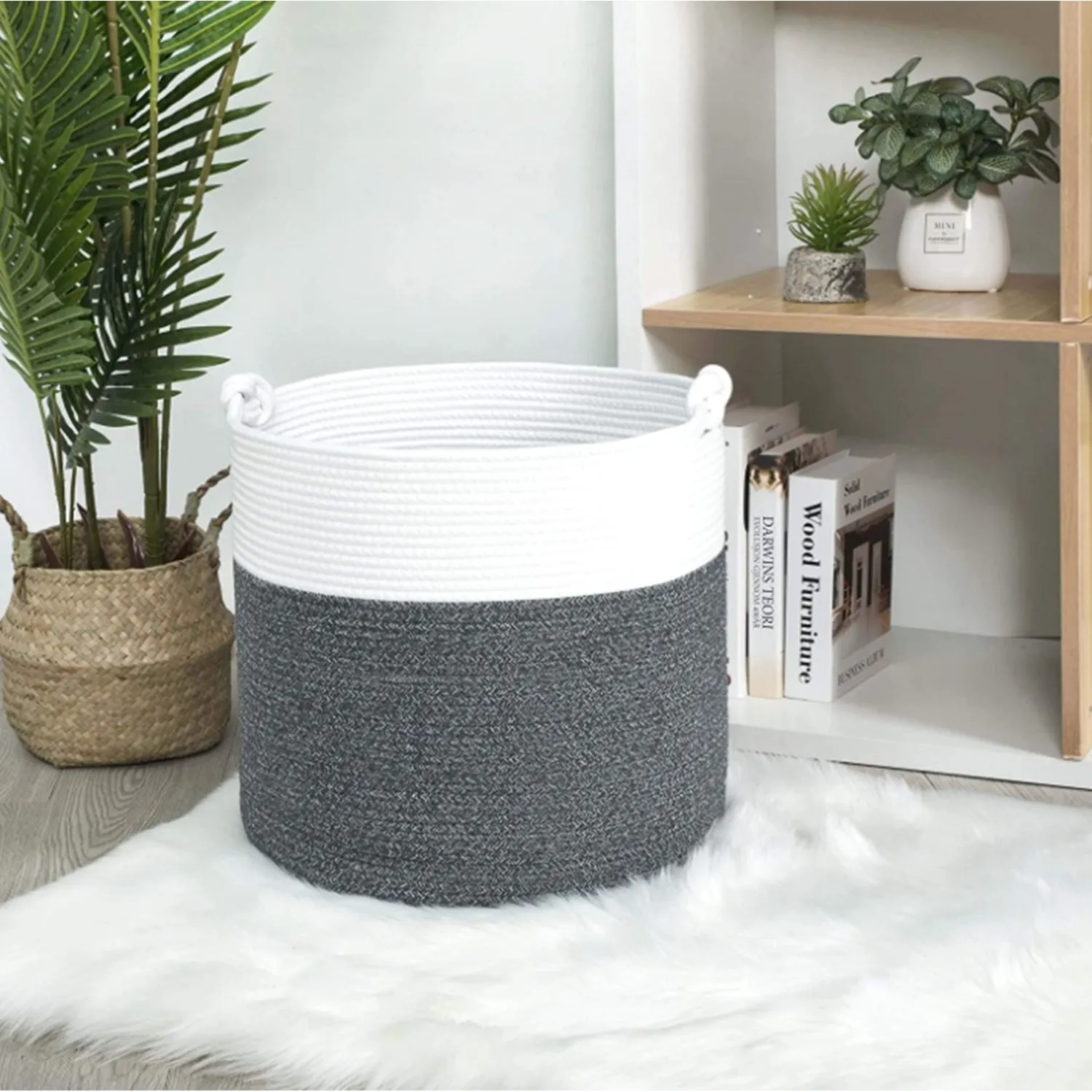 Cotton Rope Basket with Handles | 38 x 36cm | Grey/White | Toy, Laundry & Storage Basket