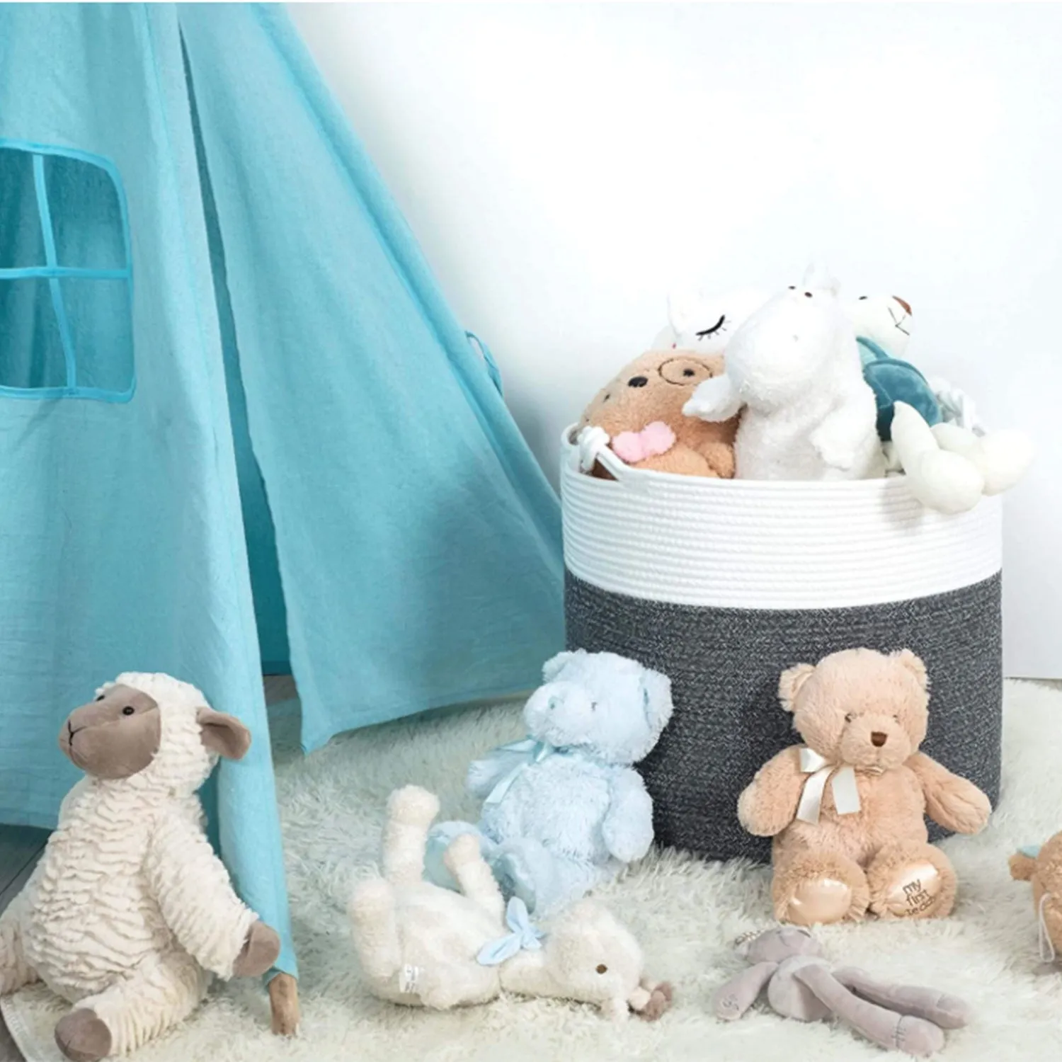 Cotton Rope Basket with Handles | 38 x 36cm | Grey/White | Toy, Laundry & Storage Basket