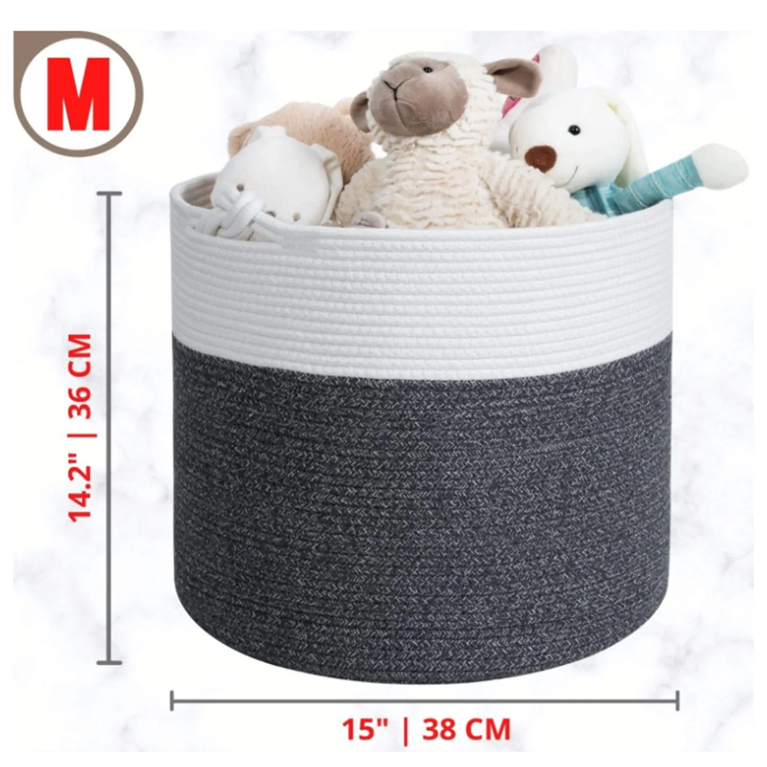 Cotton Rope Basket with Handles | 38 x 36cm | Grey/White | Toy, Laundry & Storage Basket