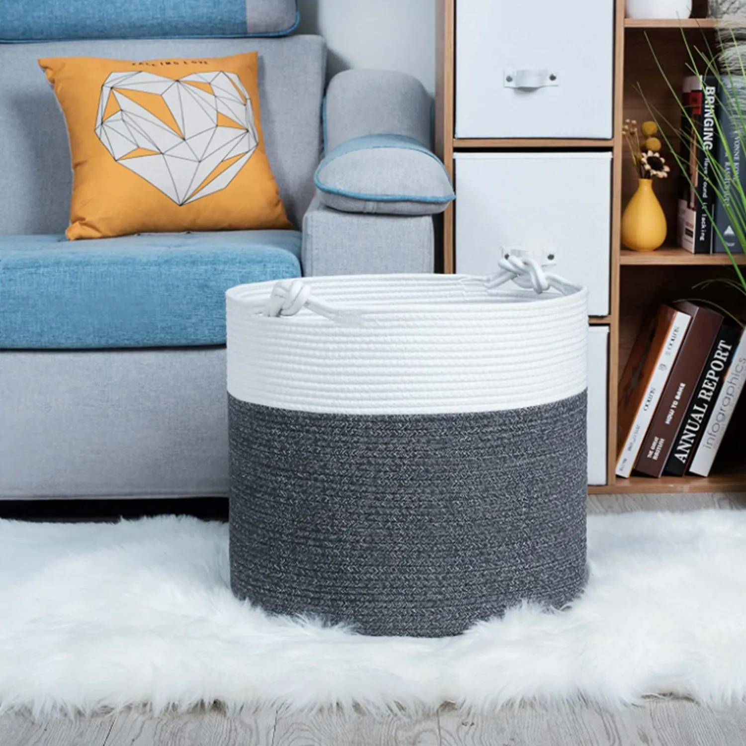 Cotton Rope Basket with Handles | 38 x 36cm | Grey/White | Toy, Laundry & Storage Basket