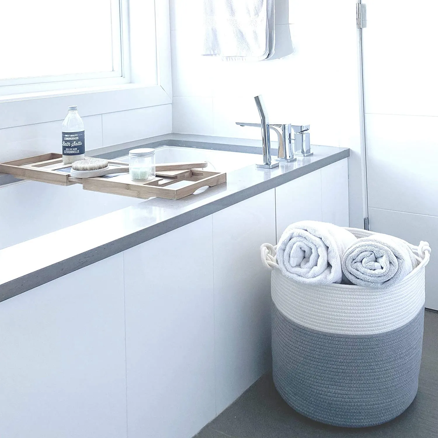 Cotton Rope Basket with Handles | 38 x 36cm | Light Grey/White | Toy, Laundry & Storage Basket