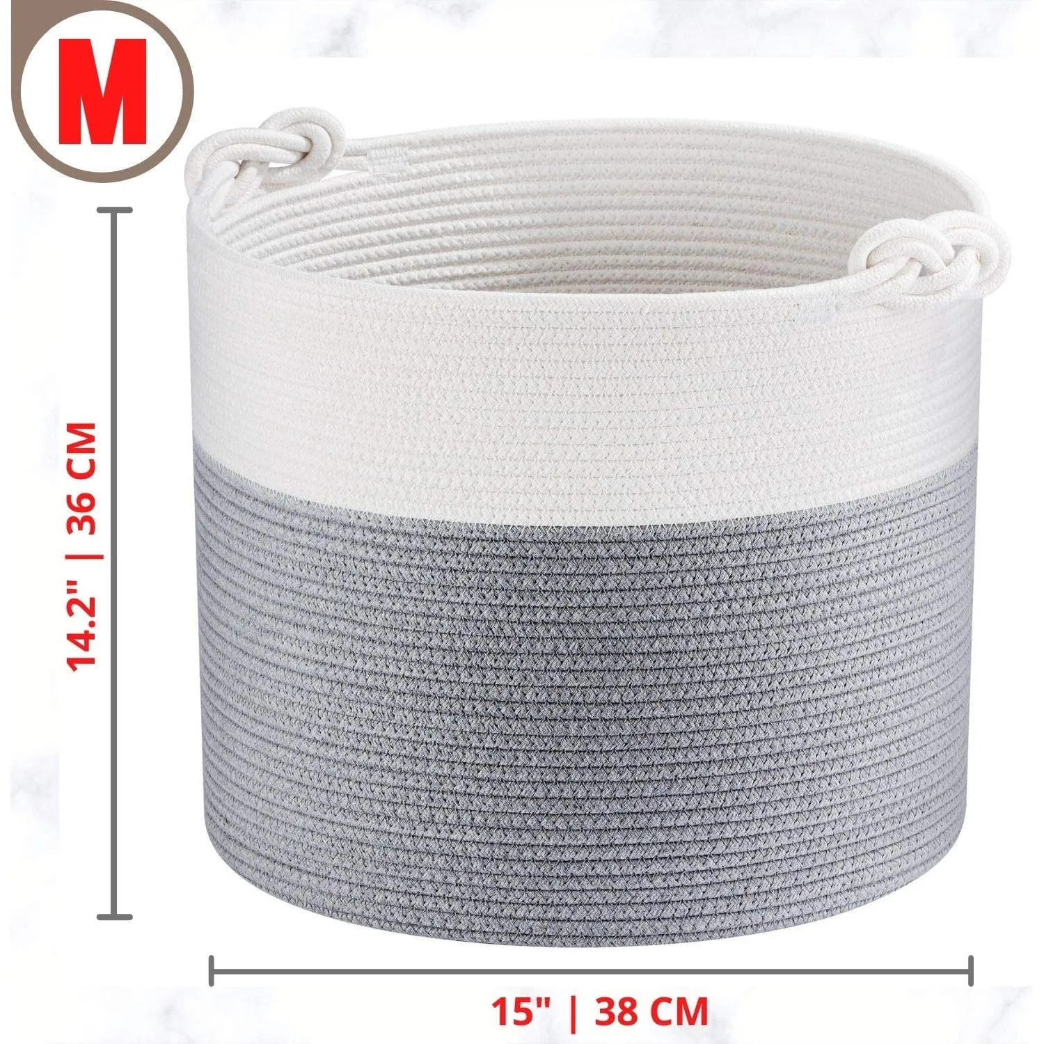 Cotton Rope Basket with Handles | 38 x 36cm | Light Grey/White | Toy, Laundry & Storage Basket