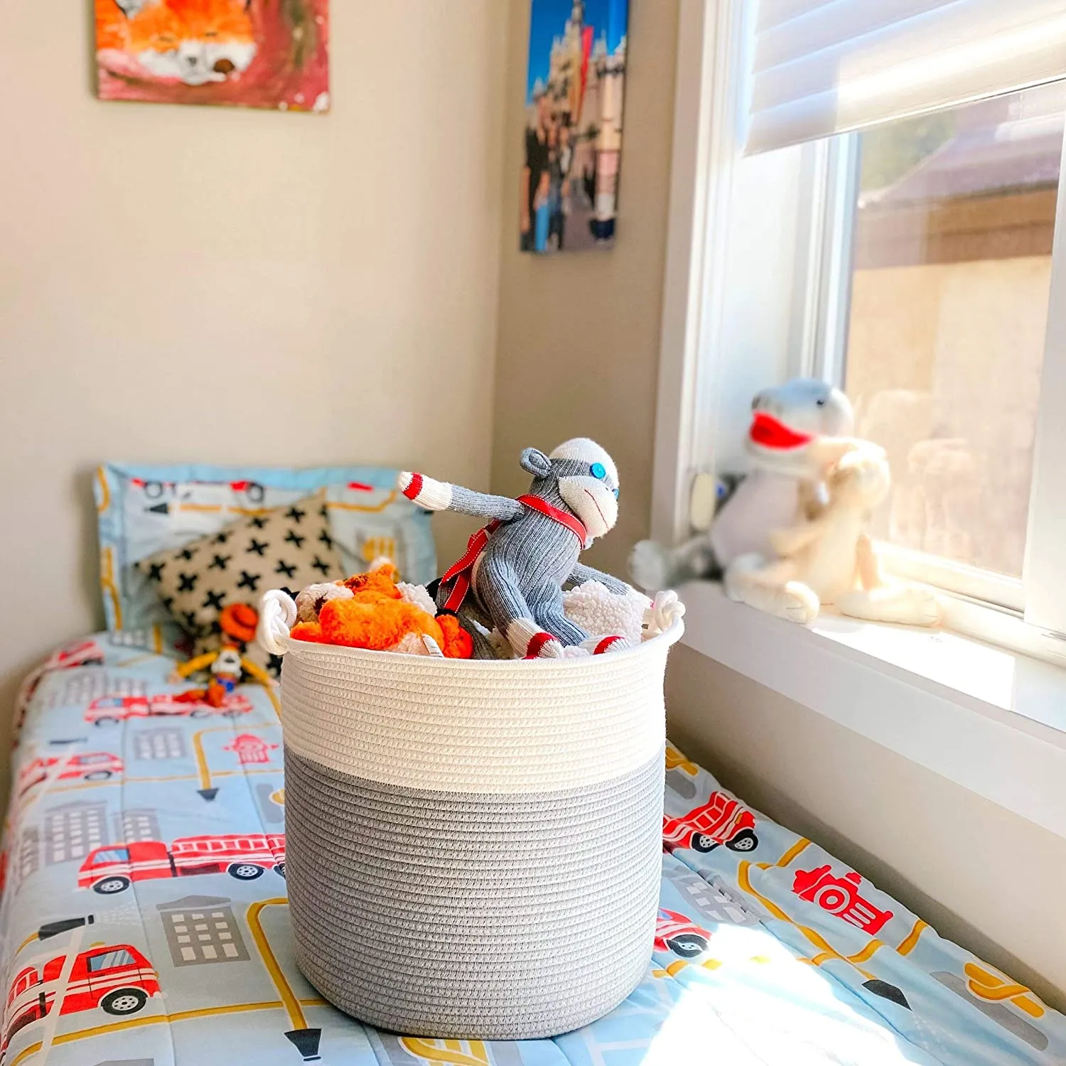 Cotton Rope Basket with Handles | 38 x 36cm | Light Grey/White | Toy, Laundry & Storage Basket