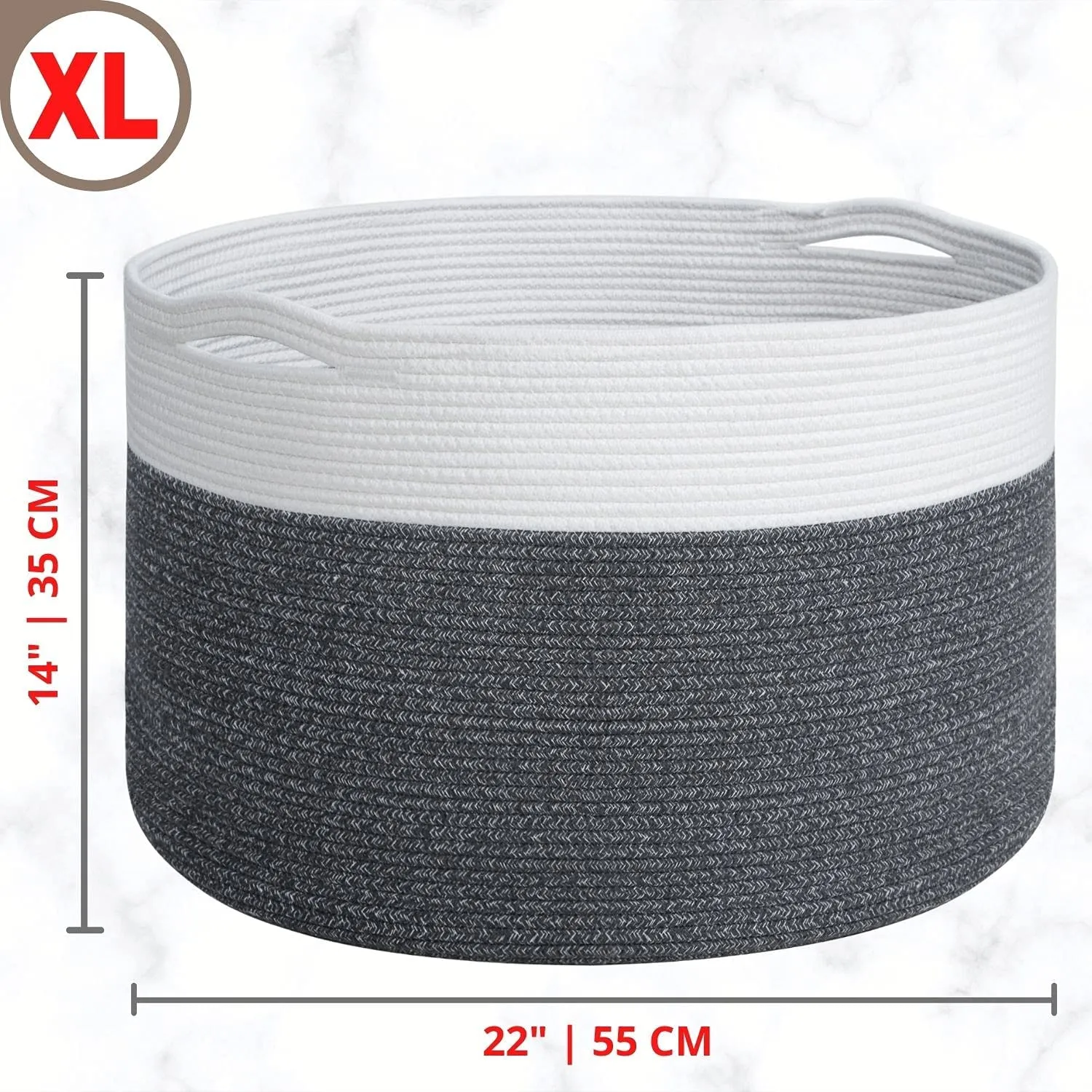 Cotton Rope Basket with Handles | 55 x 35cm | Grey/White | Toy, Laundry & Storage Basket