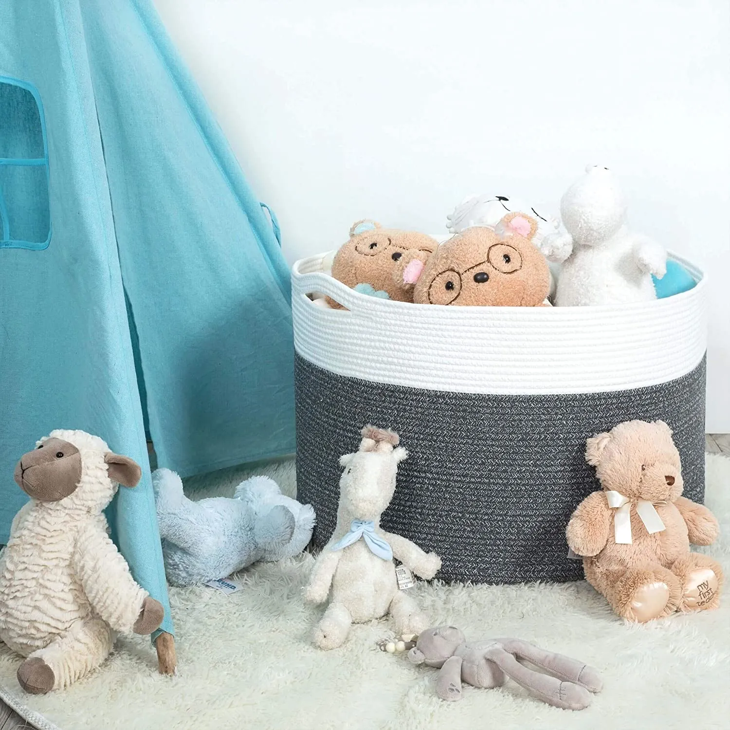 Cotton Rope Basket with Handles | 55 x 35cm | Grey/White | Toy, Laundry & Storage Basket