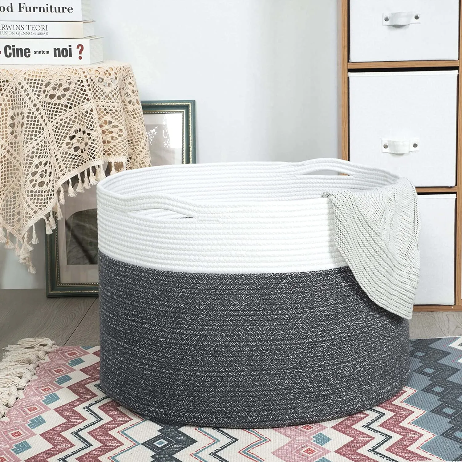 Cotton Rope Basket with Handles | 55 x 35cm | Grey/White | Toy, Laundry & Storage Basket