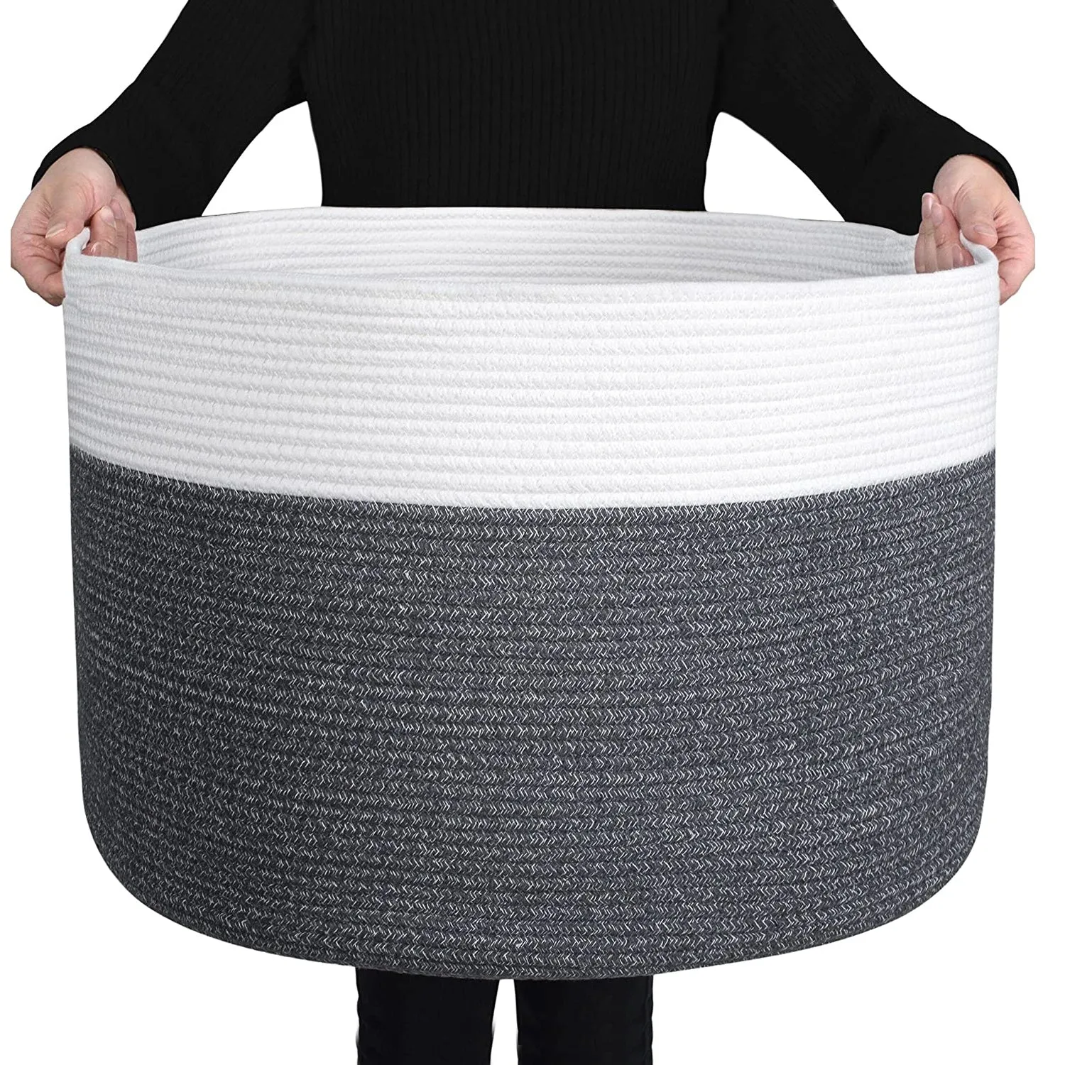 Cotton Rope Basket with Handles | 55 x 35cm | Grey/White | Toy, Laundry & Storage Basket