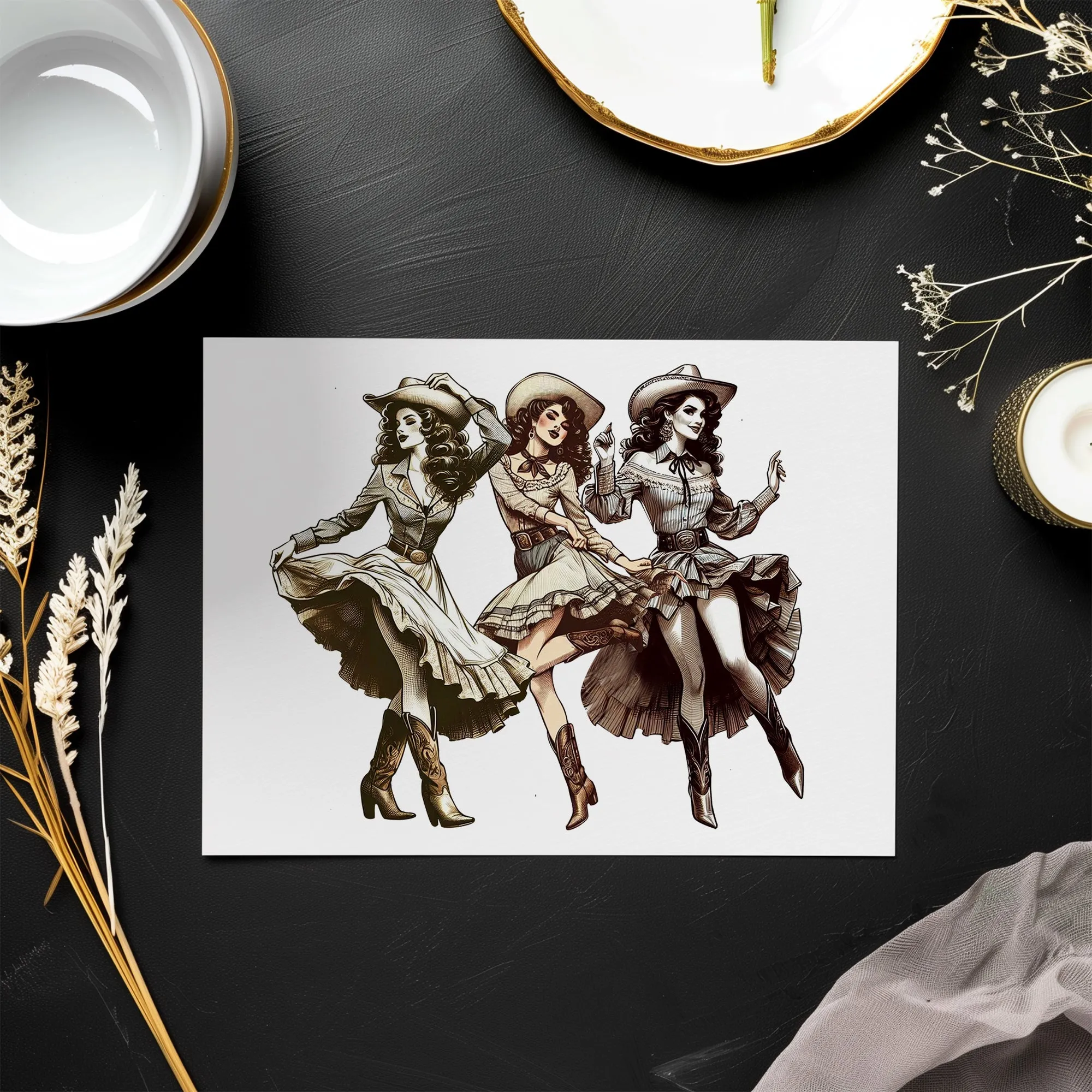 Cowgirl Card – Rustic Sepia Dancing Girls Greeting Card with Envelope, Blank Inside for Personalized Messages | Wild West Chic Collection