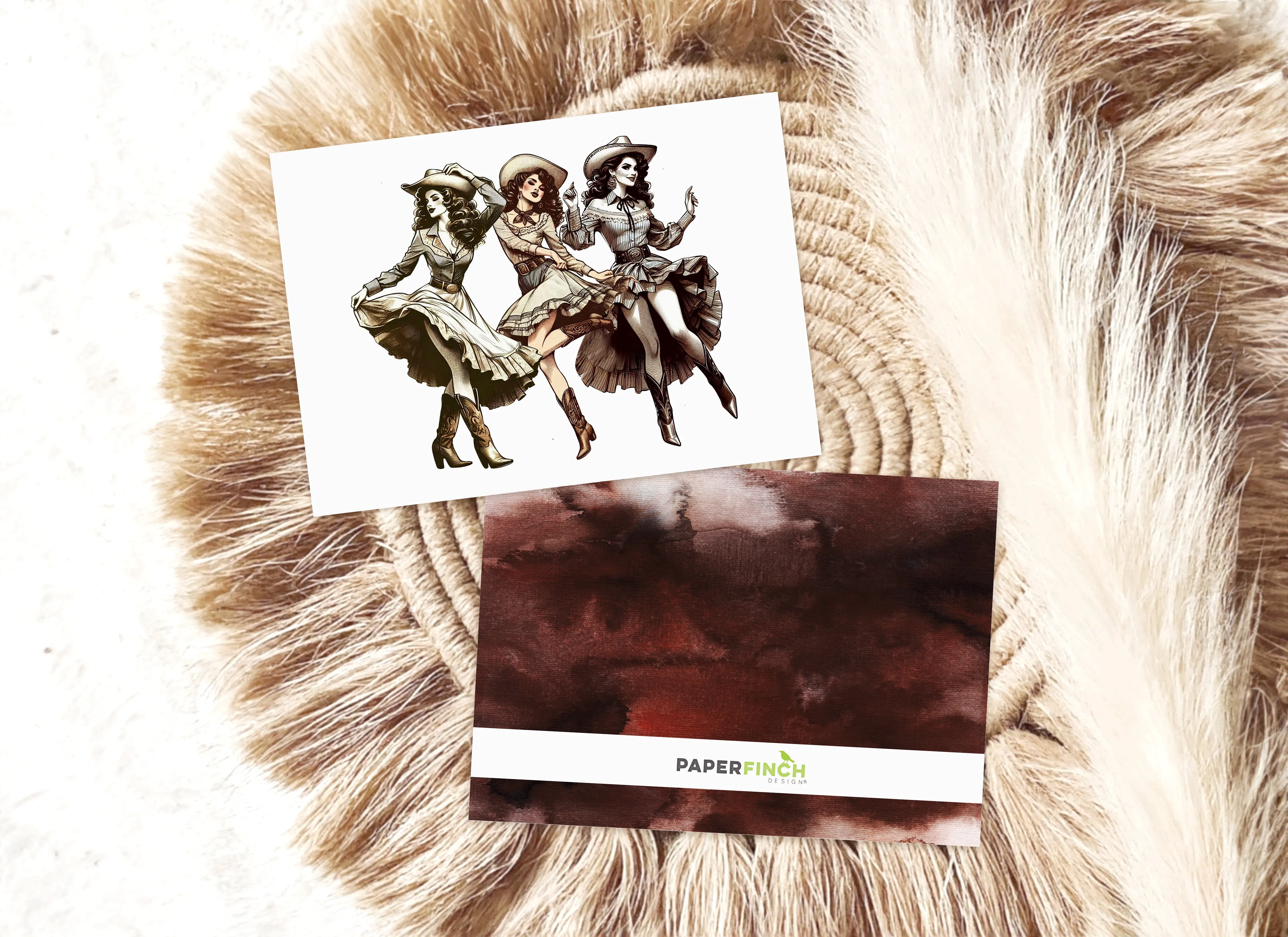 Cowgirl Card – Rustic Sepia Dancing Girls Greeting Card with Envelope, Blank Inside for Personalized Messages | Wild West Chic Collection