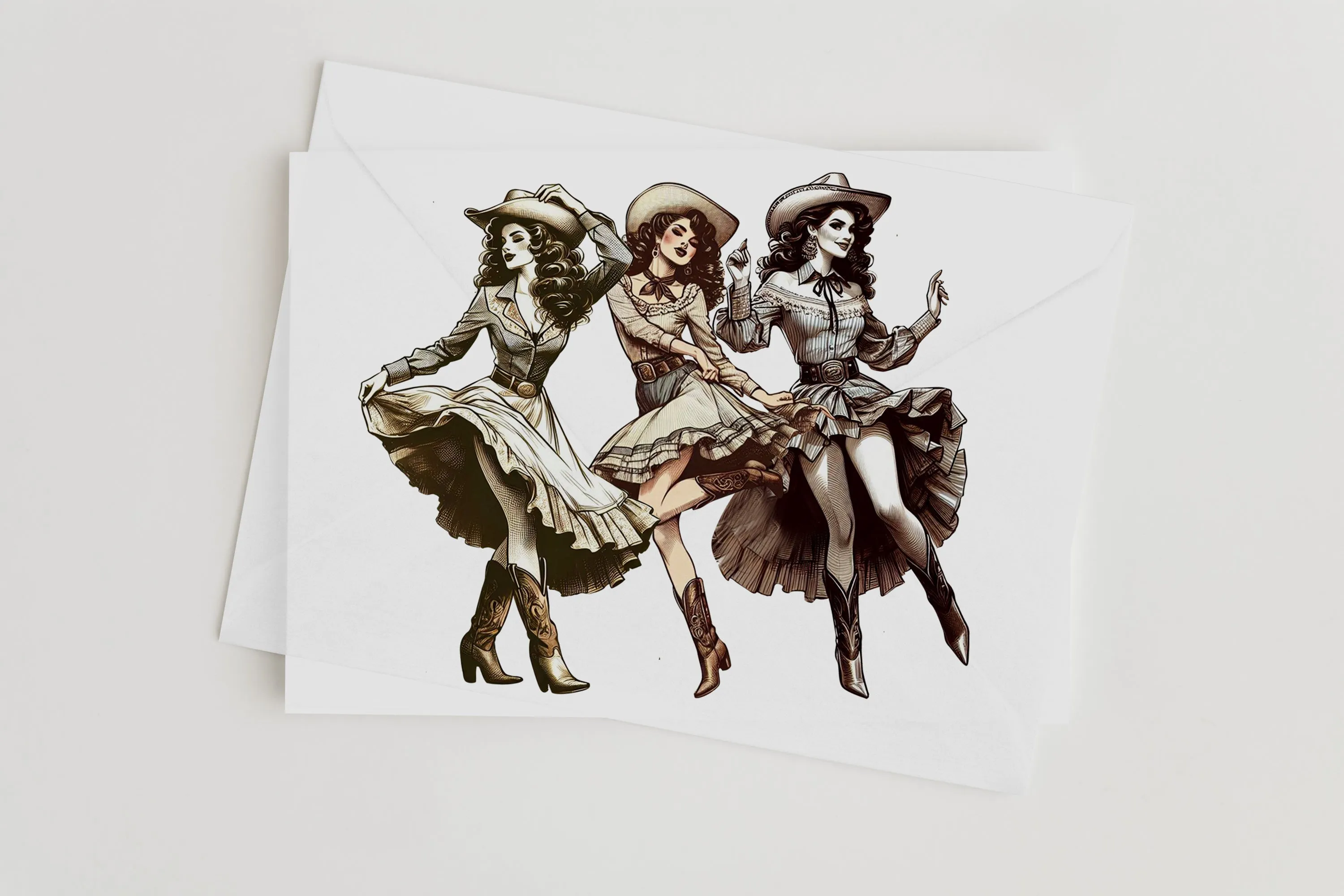 Cowgirl Card – Rustic Sepia Dancing Girls Greeting Card with Envelope, Blank Inside for Personalized Messages | Wild West Chic Collection