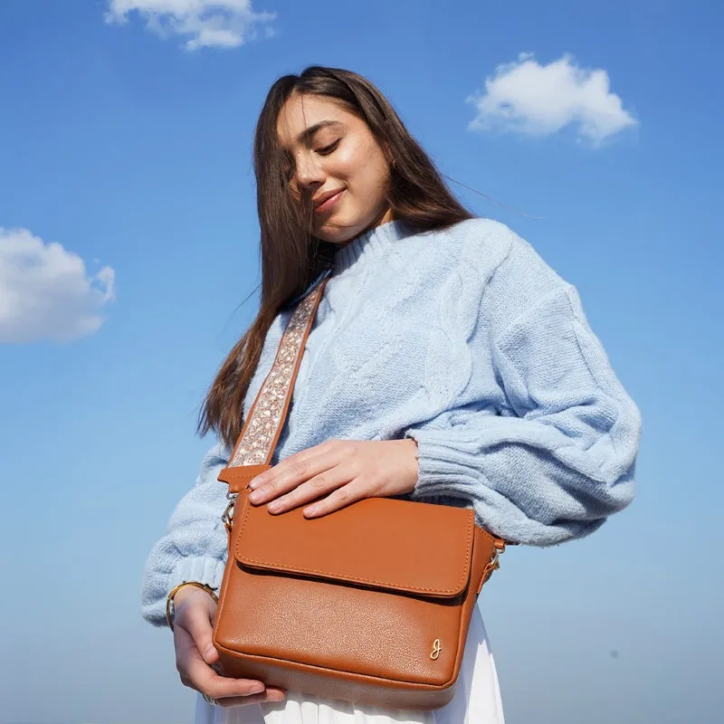 Crossbody Tan Bag with Floral Strap
