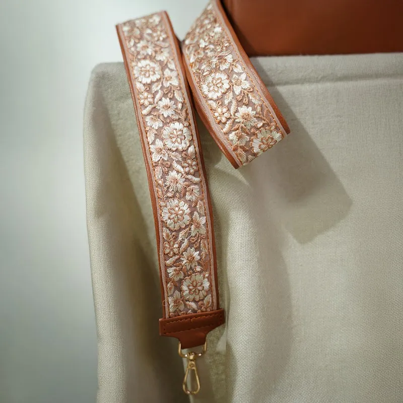 Crossbody Tan Bag with Floral Strap
