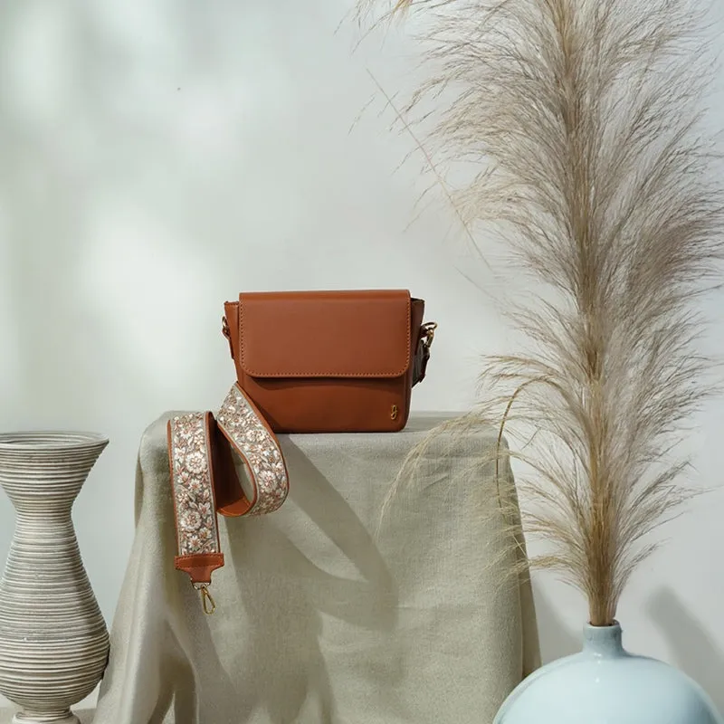 Crossbody Tan Bag with Floral Strap