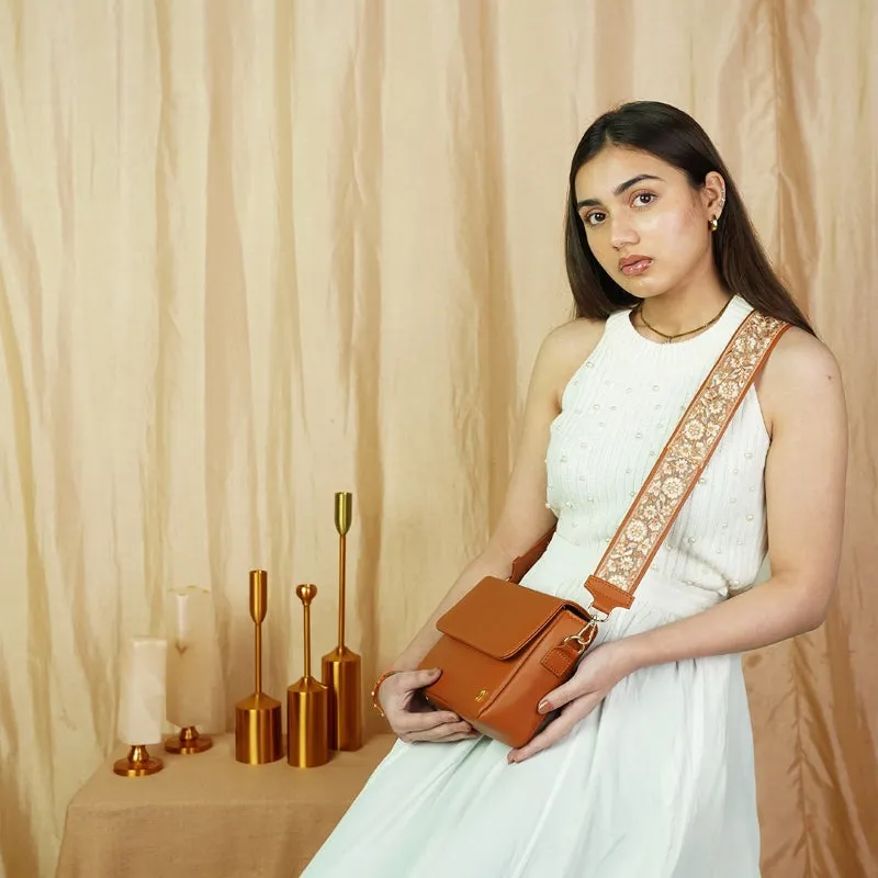 Crossbody Tan Bag with Floral Strap