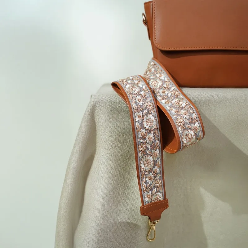 Crossbody Tan Bag with Floral Strap
