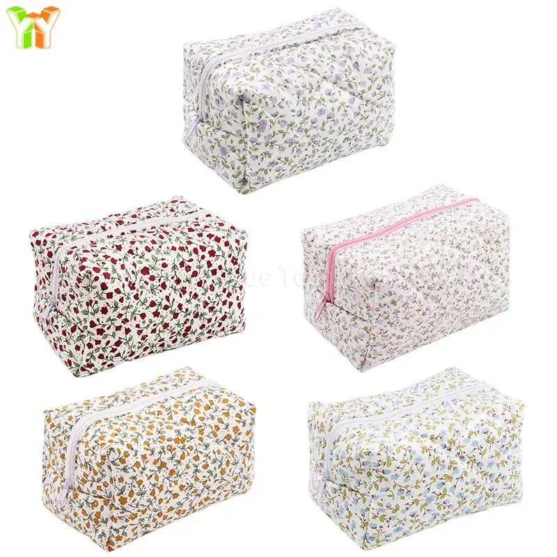 Custom Logo  Floral Puffy Quilted Makeup Bag Travel Toiletry Tote Cosmetics Pouch Floral Cosmetic Bag