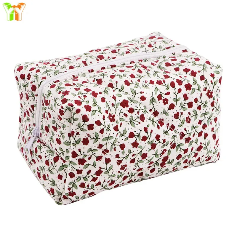 Custom Logo  Floral Puffy Quilted Makeup Bag Travel Toiletry Tote Cosmetics Pouch Floral Cosmetic Bag