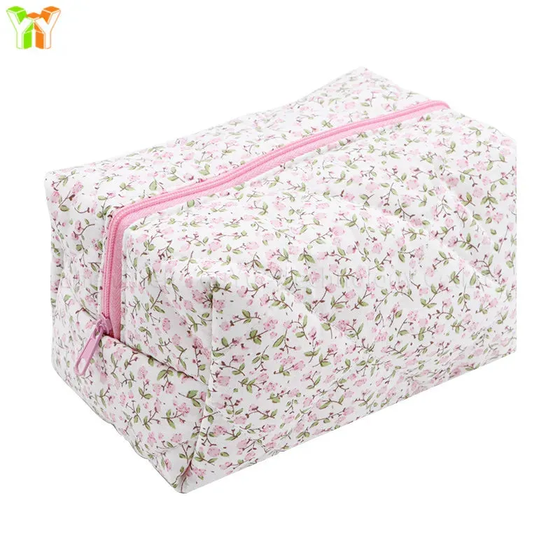 Custom Logo  Floral Puffy Quilted Makeup Bag Travel Toiletry Tote Cosmetics Pouch Floral Cosmetic Bag