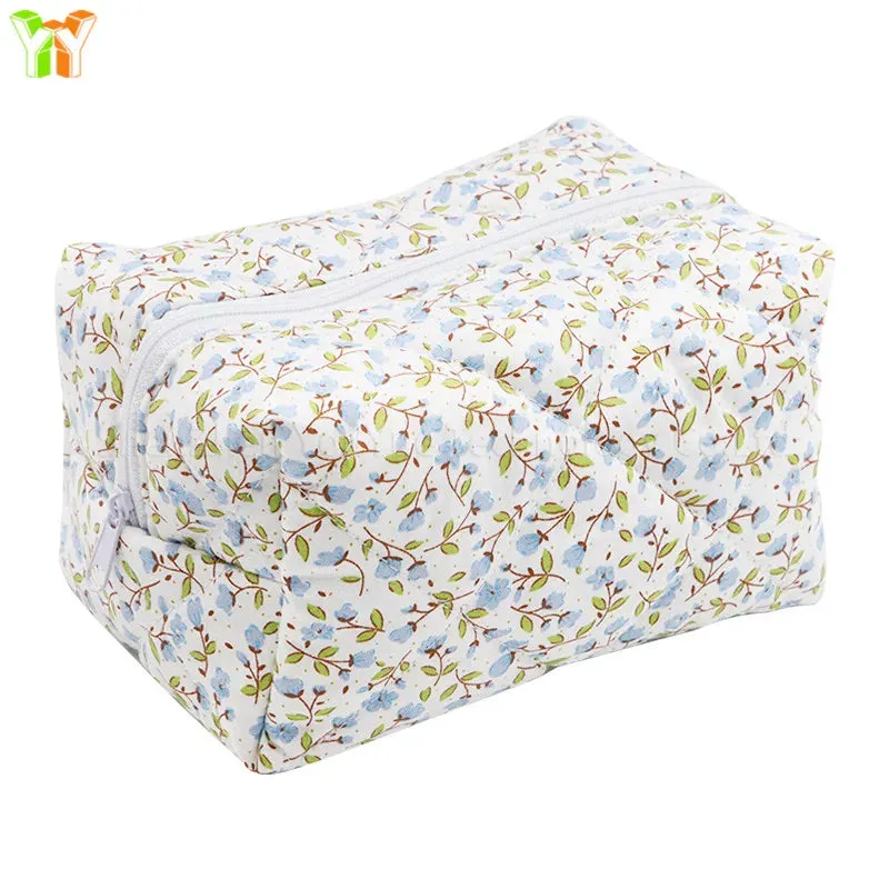Custom Logo  Floral Puffy Quilted Makeup Bag Travel Toiletry Tote Cosmetics Pouch Floral Cosmetic Bag