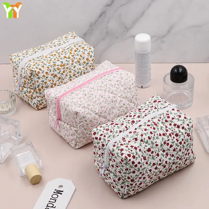 Custom Logo  Floral Puffy Quilted Makeup Bag Travel Toiletry Tote Cosmetics Pouch Floral Cosmetic Bag