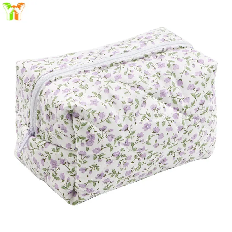 Custom Logo  Floral Puffy Quilted Makeup Bag Travel Toiletry Tote Cosmetics Pouch Floral Cosmetic Bag