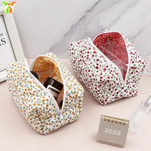 Custom Logo  Floral Puffy Quilted Makeup Bag Travel Toiletry Tote Cosmetics Pouch Floral Cosmetic Bag