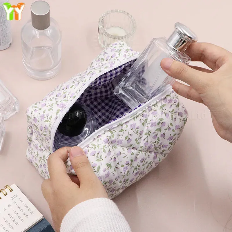 Custom Logo  Floral Puffy Quilted Makeup Bag Travel Toiletry Tote Cosmetics Pouch Floral Cosmetic Bag
