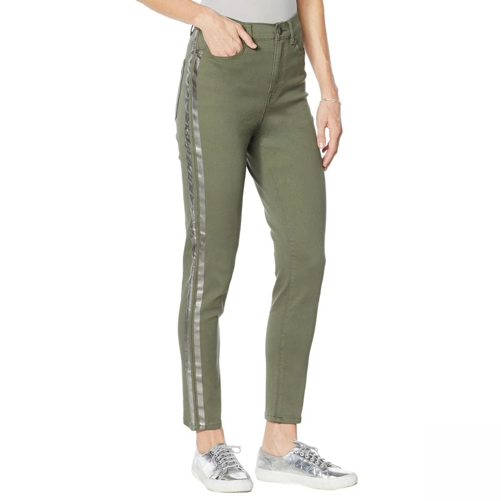 DG2 Plus Virtual Stretch Metallic Side Stripe Skinny Jeans Olive Green 18W