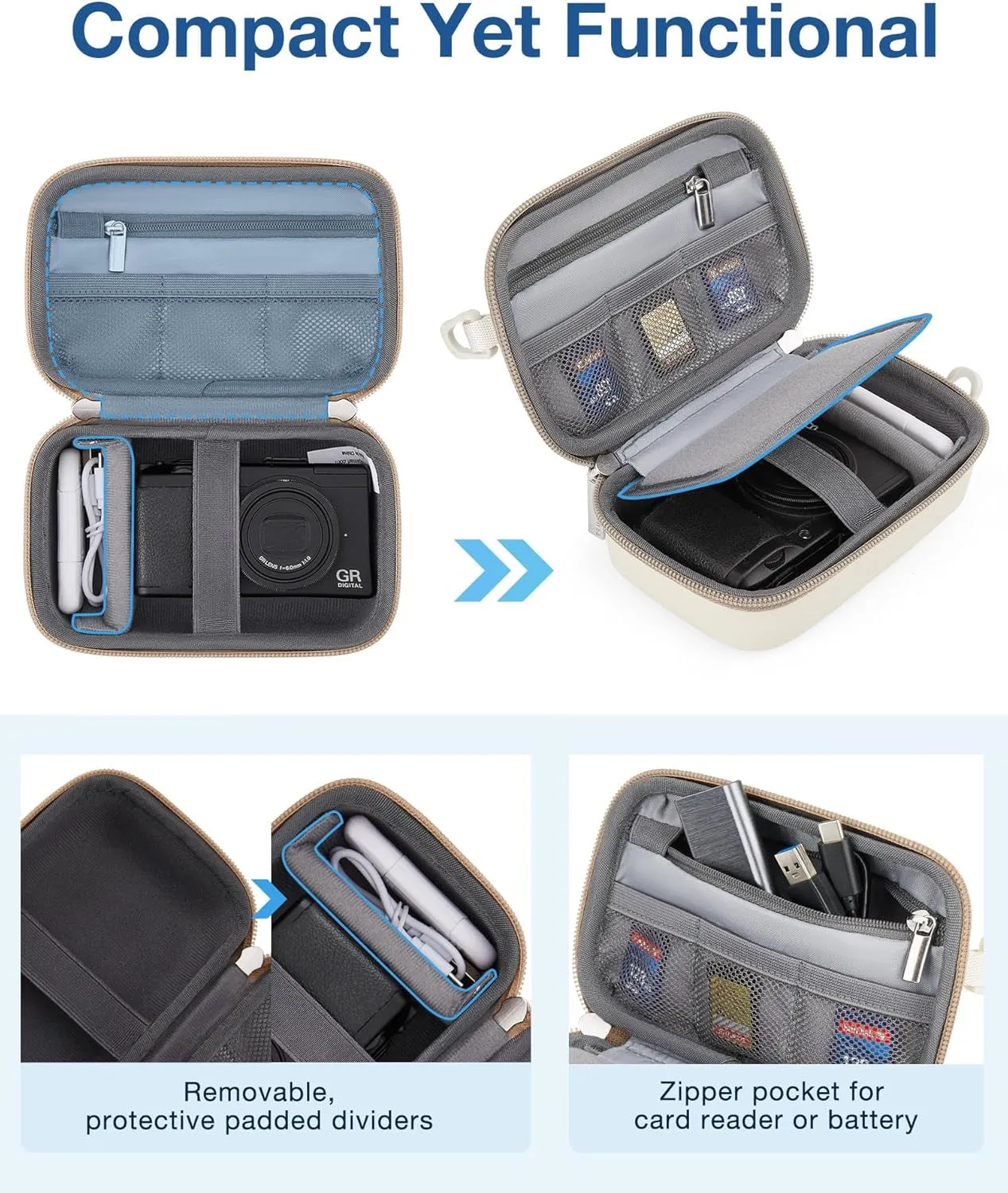 Digital Camera Case, Protective & Lightweight Camera Case with 2 Carrying Ways, Waterproof & Shockproof Small Camera Bag for Canon Powershot/Gopro/Sony DSCW800/DSCW830 - Beige