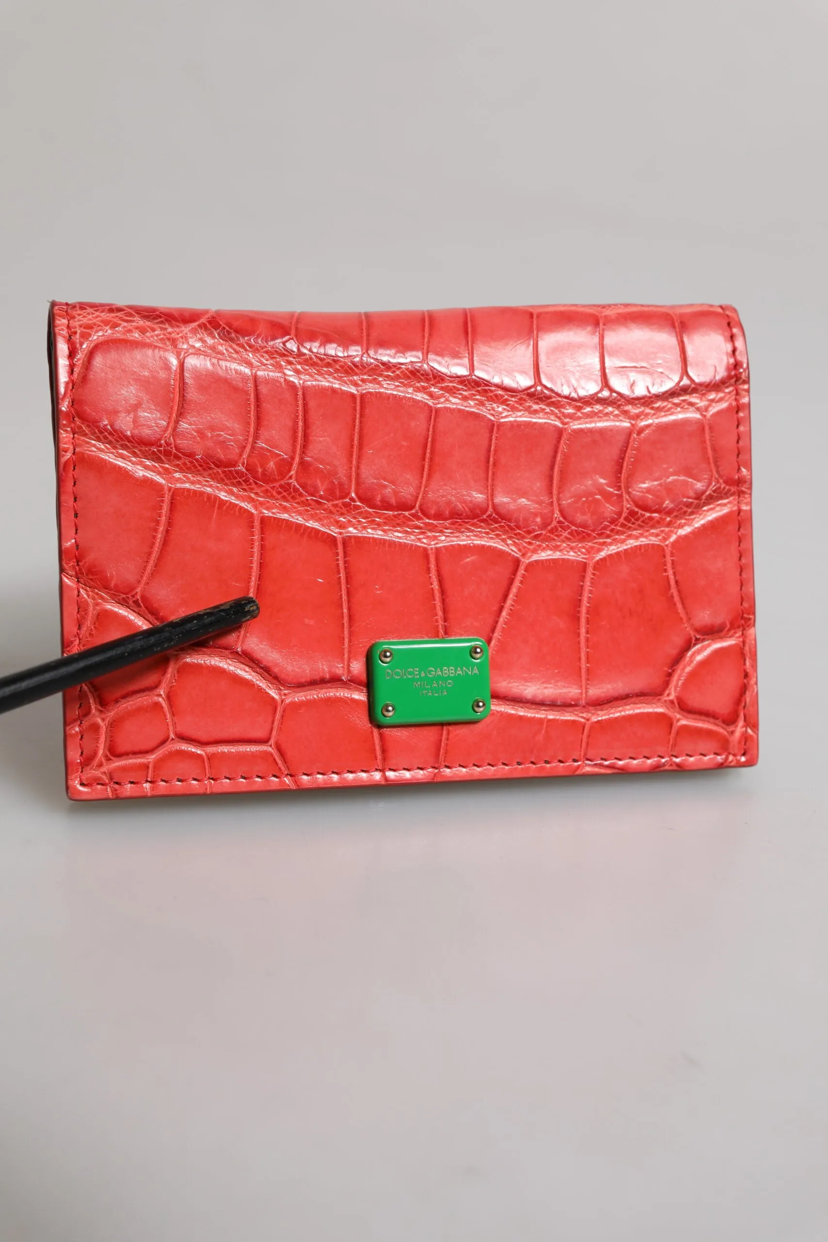 Dolce & Gabbana Red Exotic Leather Logo Plaque Card Holder Wallet
