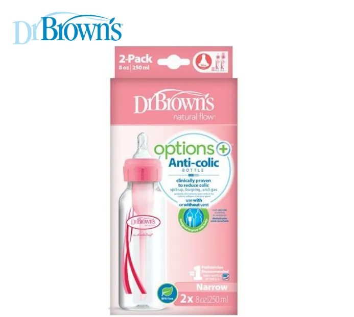 Dr Brown's 8 oz/250 ml PP Narrow-Neck "Options " Bottle - Pink (Twin Pack)