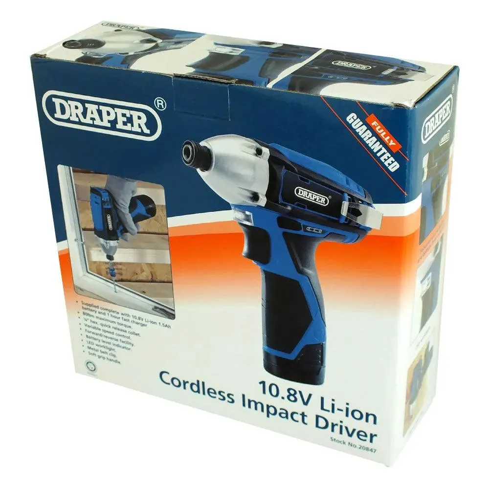 Draper 20847 Cordless Impact Driver Kit with Rechargeable 10.8V Li-ion Battery & 1hr Fast Charger