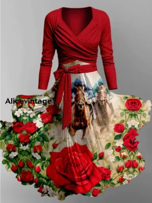 Dreby Horse Printed Vintage Unique Slim Fit Cross Wrap Long Sleeve Two-Piece Midi Dress